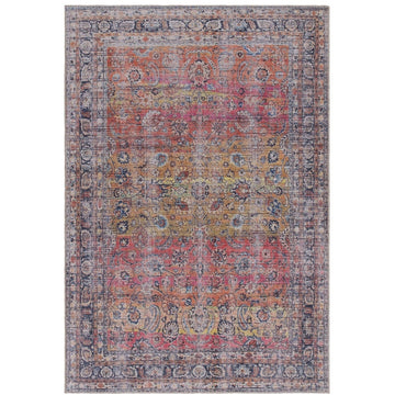 Washable Kaya Tara KY13 Traditional Persian Vintage Distressed Floral Durable Chenille Polyester Flatweave Red/Yellow/Multicolour Rug-Asiatic Carpets-Rug Love - The Most Loved Rug Store